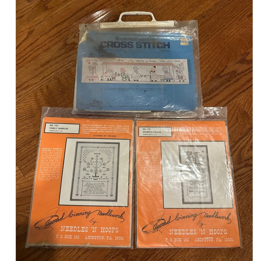 3 Vintage Cross stitch kits Family Tree, Women's faults and Sunbonnet girls